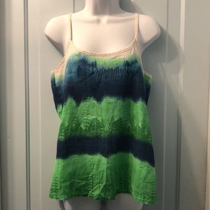 Cotton spaghetti strap top green & blue feathers